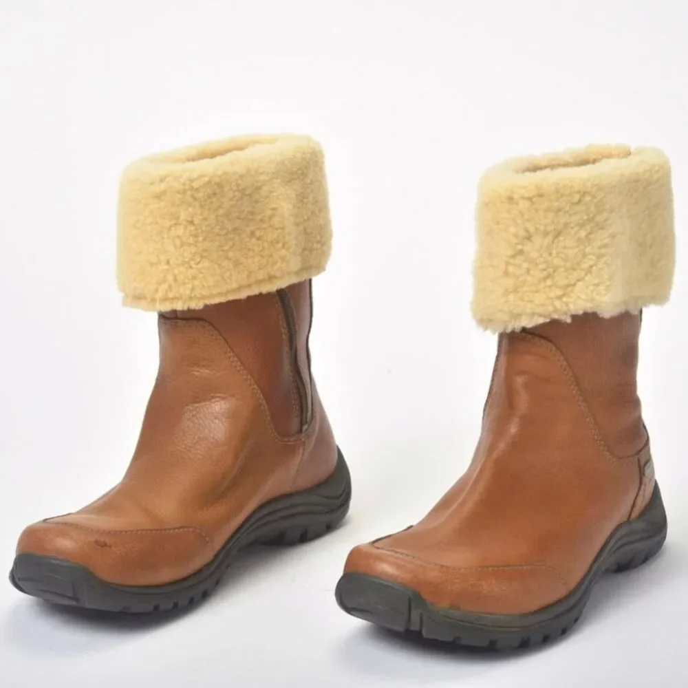 Uggs Brown Leather Ankle Shearling Cuff Bootie Size US 8  / EUR 39 - Picture 2 of 6